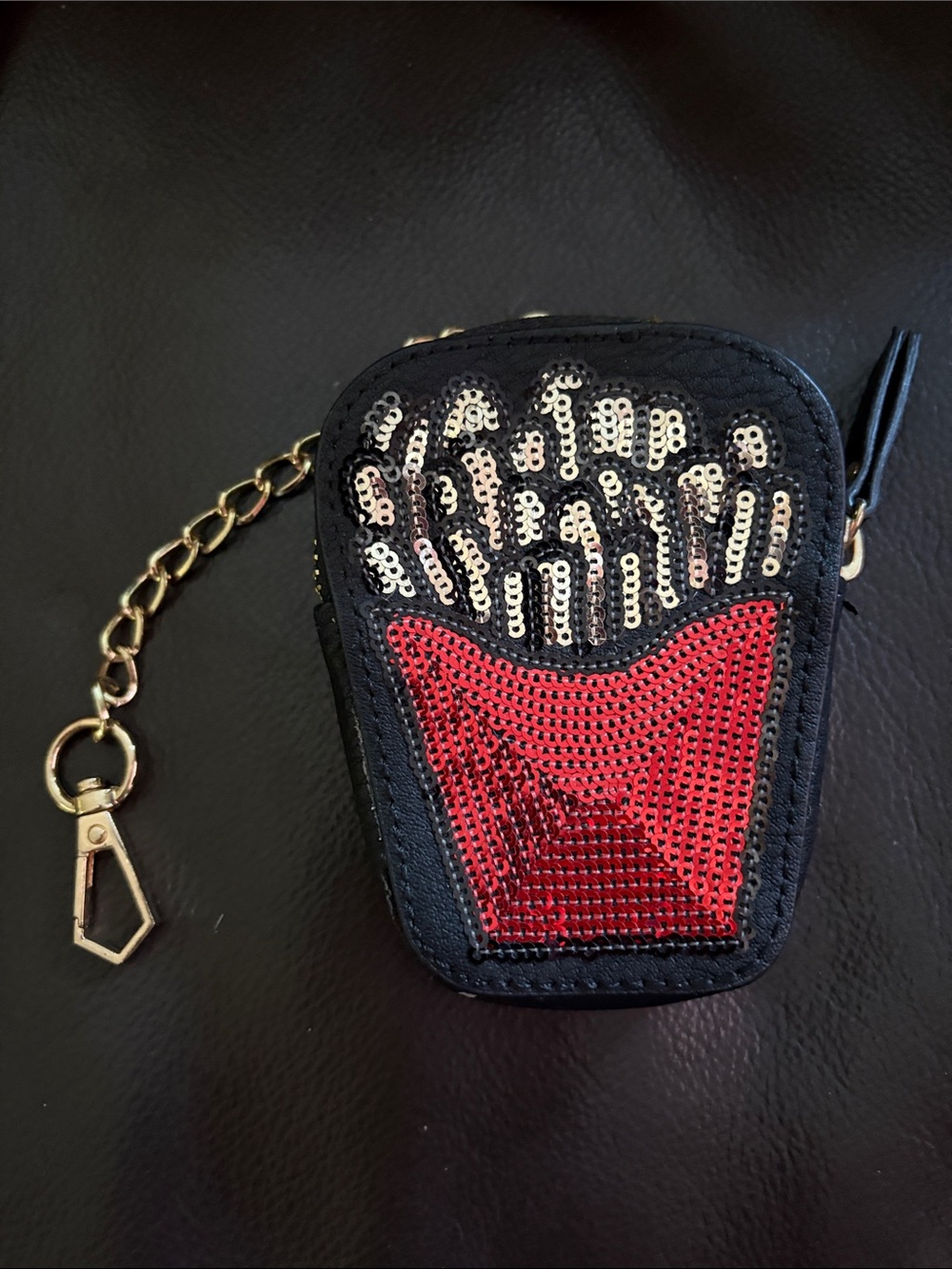 Black Sequin French Fry Key Pouch with Gold Chain